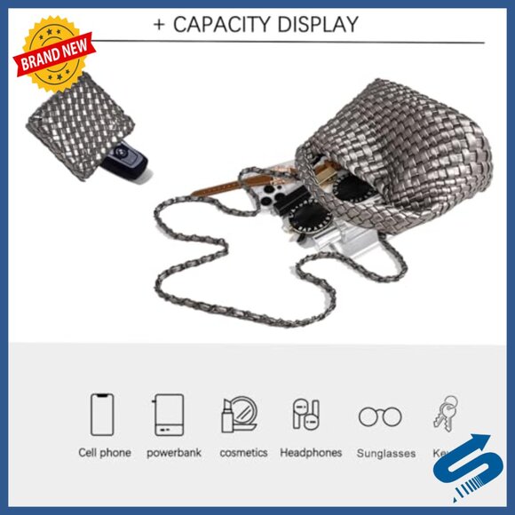 Vegan Leather Mini Tote Bucket Bag with Chain Strap, Adjustable Crossbody - Picture 5 of 7